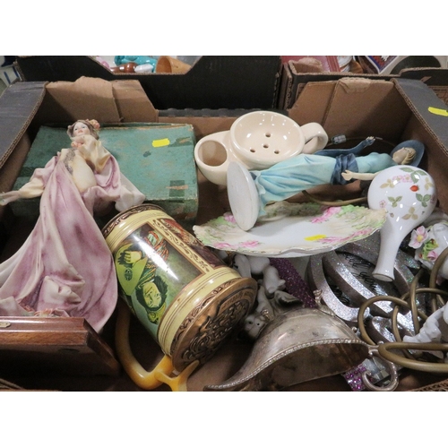 150 - THREE TRAYS OF COLLECTABLES TO INCLUDE LAMPS, WOODEN ITEMS AND CHINA