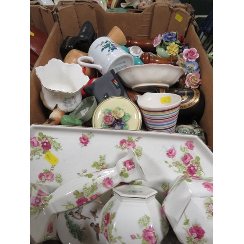 150 - THREE TRAYS OF COLLECTABLES TO INCLUDE LAMPS, WOODEN ITEMS AND CHINA