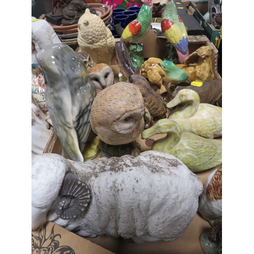 153 - THREE TRAYS OF ASSORTED CERAMICS TO INCLUDE STAFFORDSHIRE STYLE FIGURES, OWLS ETC