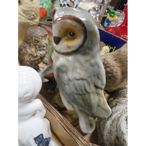 153 - THREE TRAYS OF ASSORTED CERAMICS TO INCLUDE STAFFORDSHIRE STYLE FIGURES, OWLS ETC