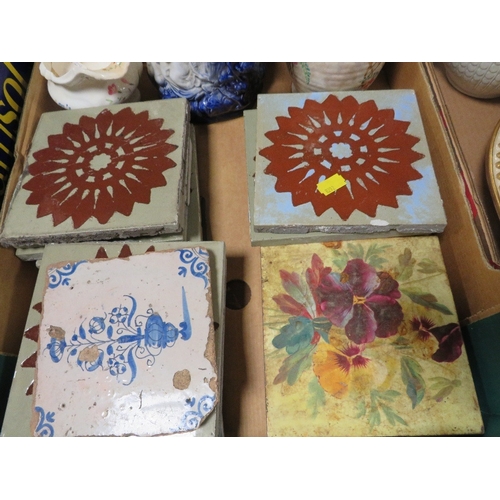 155 - THREE TRAYS OF ASSORTED CERAMICS TO INCLUDE TILES, INDIAN TREEN ETC