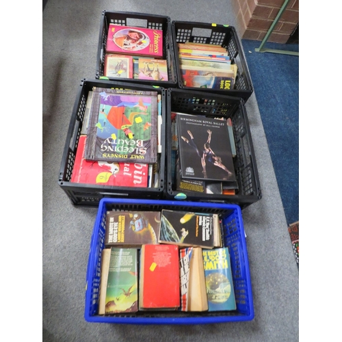 119 - FIVE TRAYS OF VINTAGE BOOKS TO INCLUDE PRINCESS BOOK FOR GIRL AND SI FI EXAMPLES