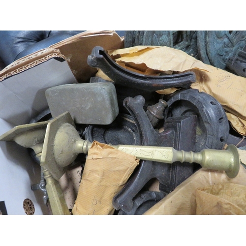 120 - A TRAY OF ASSORTED HARDWOOD STANDS , EASTERN PLAQUES ETC