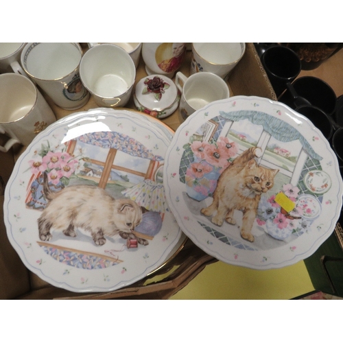 94 - A TRAY OF ASSORTED CERAMICS TO INCLUDE  ROYAL ALBERT COUNTRY KITTEN PLATES ETC