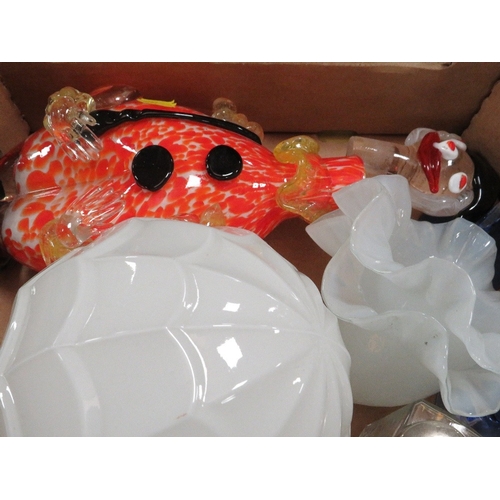 96 - THREE TRAY OF SUNDRIES TO INCLUDE A MURANO STYLE CLOWN DECANTER AND A BOX OF MAGIC TRICKS