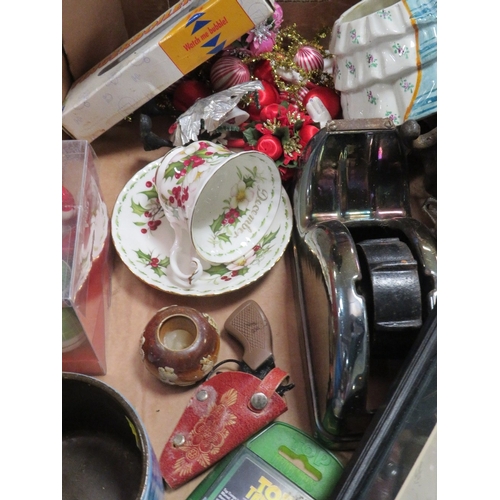 96 - THREE TRAY OF SUNDRIES TO INCLUDE A MURANO STYLE CLOWN DECANTER AND A BOX OF MAGIC TRICKS