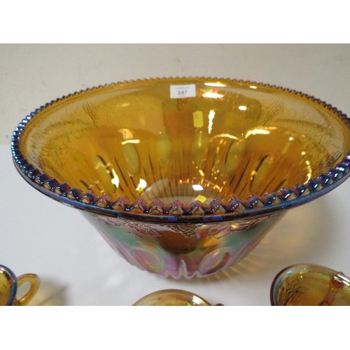 247 - A VINTAGE IRIDESCENT PUNCH BOWL AND GLASSES SET