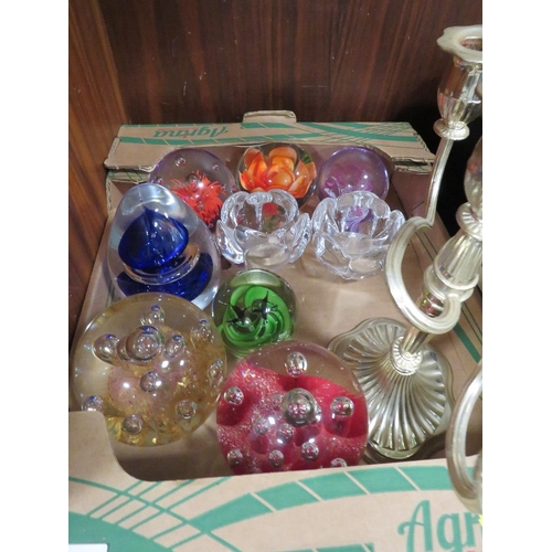 249 - A TRAY OF ASSORTED GLASS BELLS TOGETHER WITH A SMALL TRAY OF PAPERWEIGHTS