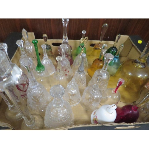 249 - A TRAY OF ASSORTED GLASS BELLS TOGETHER WITH A SMALL TRAY OF PAPERWEIGHTS