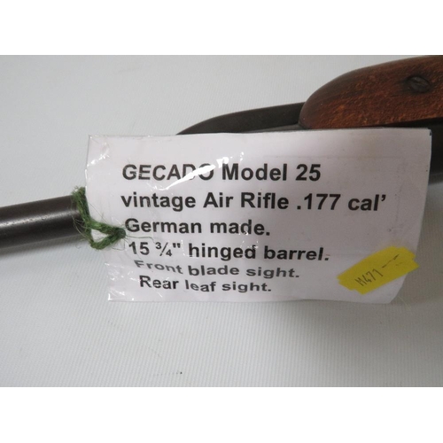 261 - GECADO MODEL 25 VINTAGE AIR RIFLE . 177 CAL' GERMAN MADE. 15 3/4 HINGED BARREL, FRONT BLADE SLIGHT, ... 