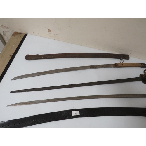 268 - THREE VINTAGE SWORDS A/F TOGETHER WITH A NAVEL LEATHER BELT