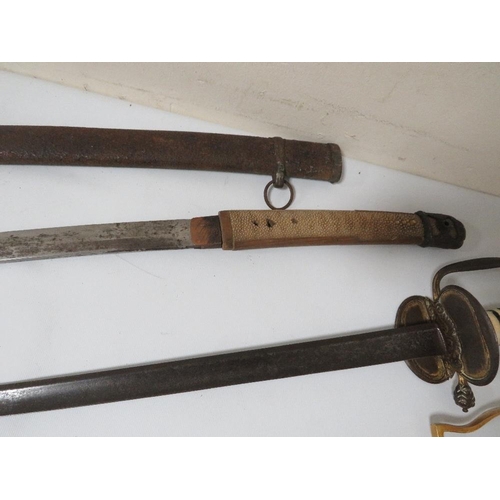 268 - THREE VINTAGE SWORDS A/F TOGETHER WITH A NAVEL LEATHER BELT