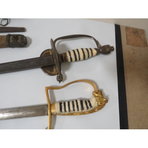 268 - THREE VINTAGE SWORDS A/F TOGETHER WITH A NAVEL LEATHER BELT