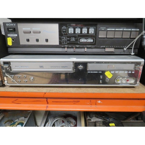 635 - A SELECTION OF FOUR AUDIO / VISUAL ITEMS TO INCLUDE A DAEWOO VHS RECORDER AND SONY AMPLIFIER, HUMAX ... 