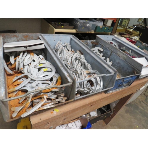 642 - FOUR GALVANIZED TOTE BOXES / TRAYS OF HORSESHOES