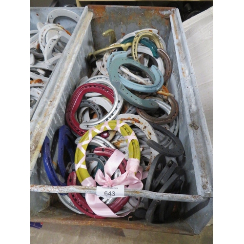 643 - FOUR GALVANIZED TOTE BOXES / TRAYS OF HORSESHOES