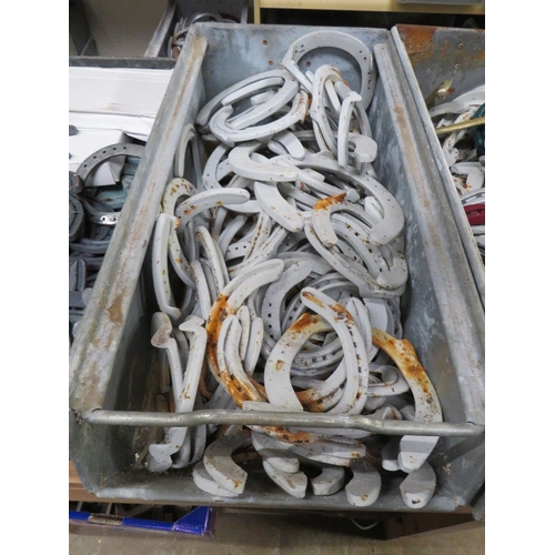 643 - FOUR GALVANIZED TOTE BOXES / TRAYS OF HORSESHOES