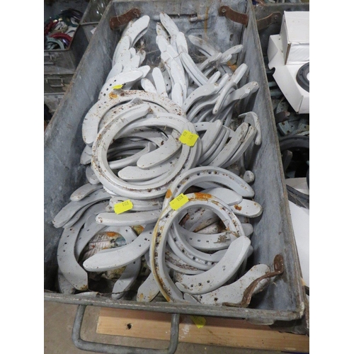 643 - FOUR GALVANIZED TOTE BOXES / TRAYS OF HORSESHOES