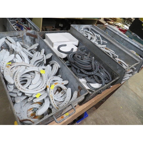 643 - FOUR GALVANIZED TOTE BOXES / TRAYS OF HORSESHOES