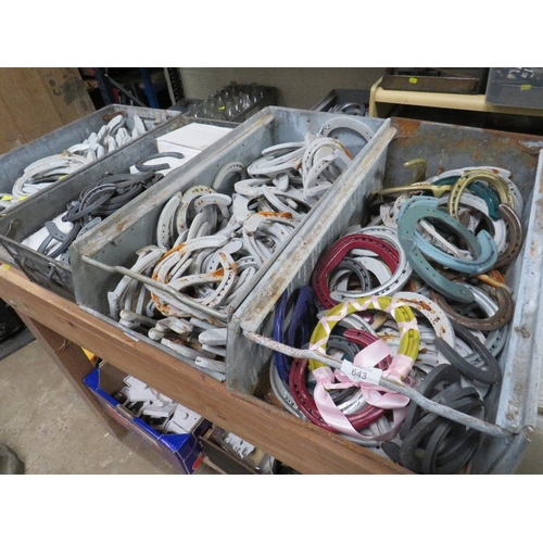 643 - FOUR GALVANIZED TOTE BOXES / TRAYS OF HORSESHOES