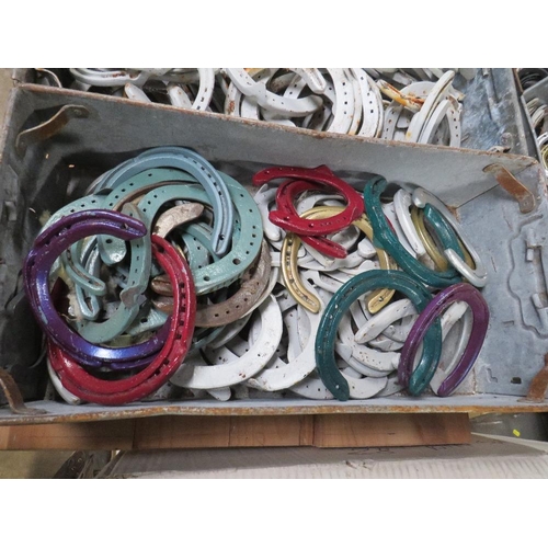 645 - FOUR GALVANIZED TOTE BOXES / TRAYS OF HORSESHOES