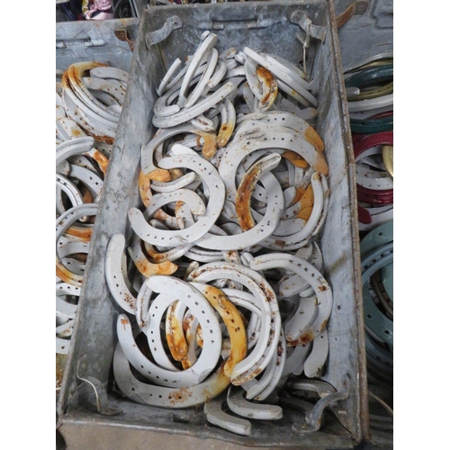 645 - FOUR GALVANIZED TOTE BOXES / TRAYS OF HORSESHOES