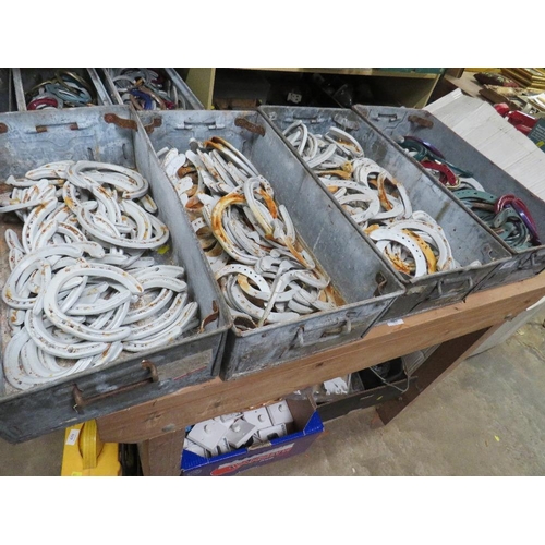 645 - FOUR GALVANIZED TOTE BOXES / TRAYS OF HORSESHOES