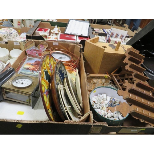 102 - TWO TRAY OF SUNDRIES TO INCLUDE A THIMBLE COLLECTION, COLLECTORS PLATES ETC