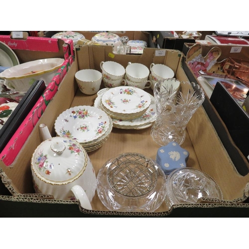 103 - A TRAY OF GLASS AND CERAMICS TO INCLUDE A MINTON MARLOW TEA SET SOME A/F