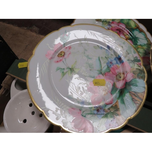 110 - A TRAY OF FLORAL HAND PAINTED PLATES WITH SCALLOPED EDGES