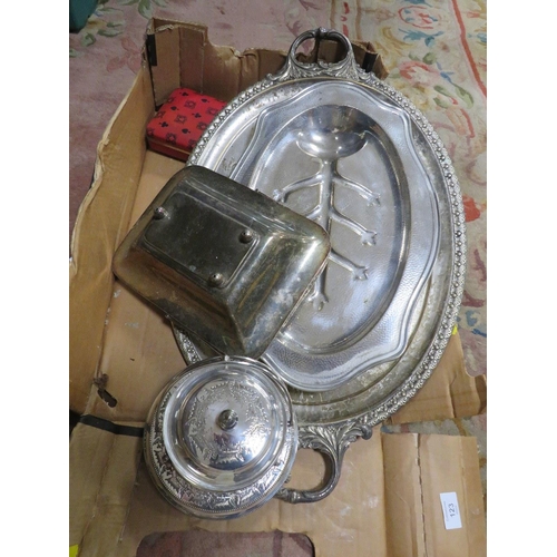 123 - A SILVER PLATED TWIN HANDLED SERVING TRAY WITH A LIDDED CUT GLASS DISH WITH STAND ETC