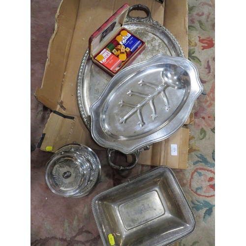 123 - A SILVER PLATED TWIN HANDLED SERVING TRAY WITH A LIDDED CUT GLASS DISH WITH STAND ETC