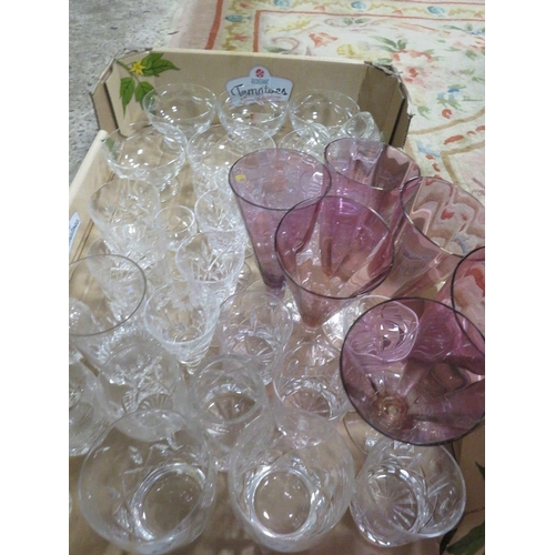 137 - TWO TRAY OF GLASSWARE TO INCLUDE CUT GLASS EXAMPLES, VINTAGE DRESSING TABLE ITEMS