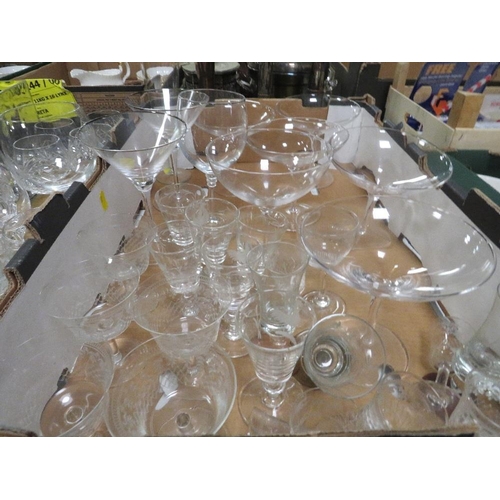 140 - THREE TRAYS OF ASSORTED GLASSWARE TO INCLUDE COCKTAIL SHAKER AND MATCHING GLASSES, CUT GLASS BOWL ET... 