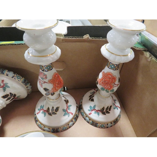 144 - TWO TRAYS OF ASSORTED CERAMICS TO INCLUDE CANDLESTICKS ETC