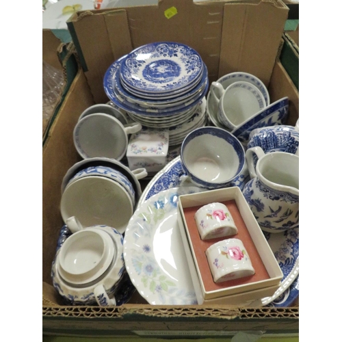 144 - TWO TRAYS OF ASSORTED CERAMICS TO INCLUDE CANDLESTICKS ETC