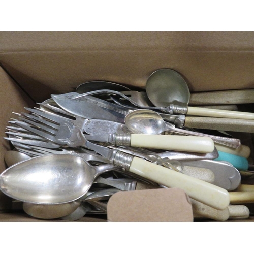 146 - A TRAY OF ASSORTED FLATWARE , CUTLERY ETC