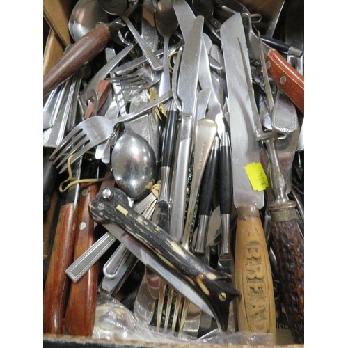 146 - A TRAY OF ASSORTED FLATWARE , CUTLERY ETC