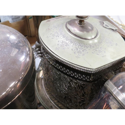 150 - A TRAY OF ASSORTED SILVER PLATED WARE ETC TO INCLUDE CANDLESTICKS, WOODEN TWO SECTION TEA CADDY A/F