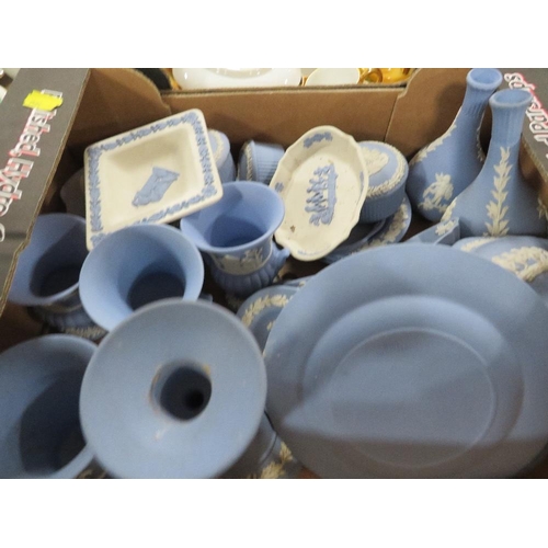 166 - THREE TRAYS OF ASSORTED CERAMICS TO INCLUDE A SMALL TRAY OF WEDGWOOD JASPER WARE