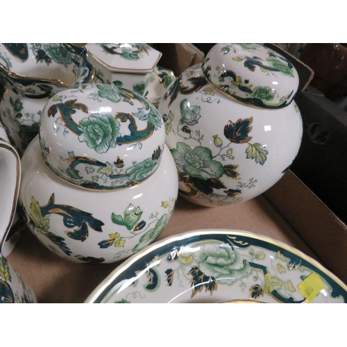 176 - A TRAY OF MASONS CHARTREUSE CERAMICS TO INCLUDE JUGS, PLATES AND GINGER JARS