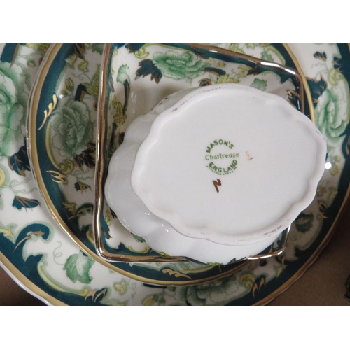 176 - A TRAY OF MASONS CHARTREUSE CERAMICS TO INCLUDE JUGS, PLATES AND GINGER JARS