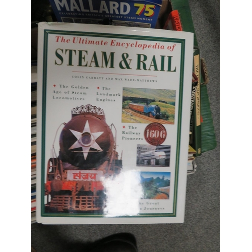 194 - TWO TRAYS OF RAILWAY RELATED BOOKS AND STEAM TRAIN BOOKS