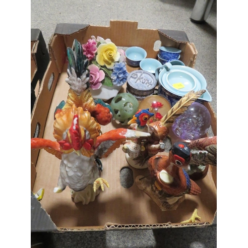 203 - TWO SMALL TRAYS OF CERAMICS AND SUNDRIES TO INCLUDE PAPERWEIGHTS