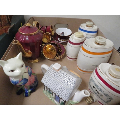 213 - TWO TRAYS OF CERAMICS AND SUNDRIES TO INCLUDE A SADDLER TEA POTS, WADE BARRELS, CHALK TYPE FIGURE OF... 