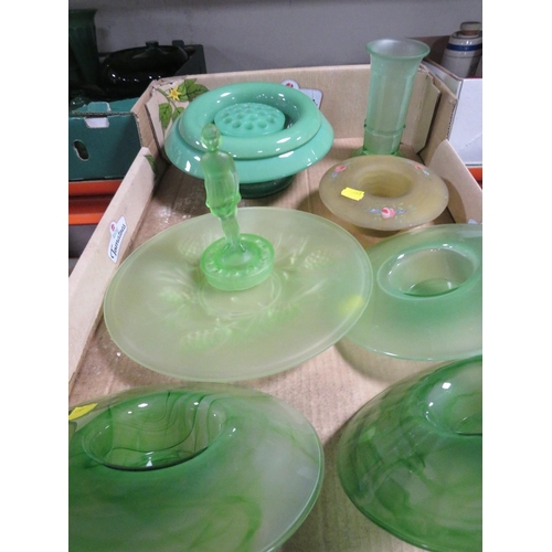 214 - THREE TRAYS OF VINTAGE PRESSED AND OTHER GREEN GLASS