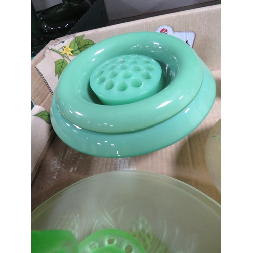 214 - THREE TRAYS OF VINTAGE PRESSED AND OTHER GREEN GLASS