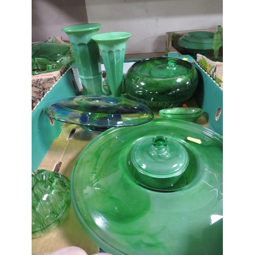 214 - THREE TRAYS OF VINTAGE PRESSED AND OTHER GREEN GLASS