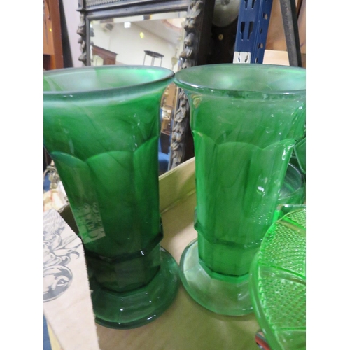 214 - THREE TRAYS OF VINTAGE PRESSED AND OTHER GREEN GLASS