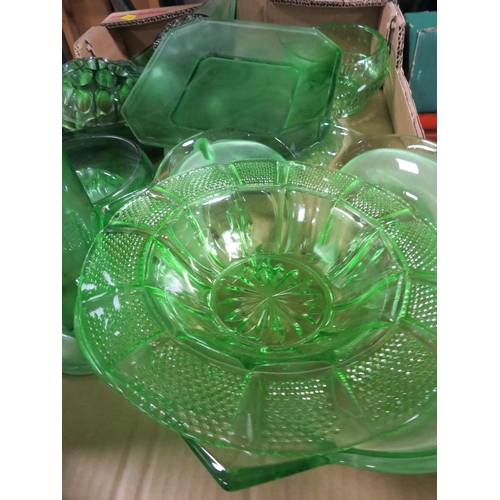 214 - THREE TRAYS OF VINTAGE PRESSED AND OTHER GREEN GLASS